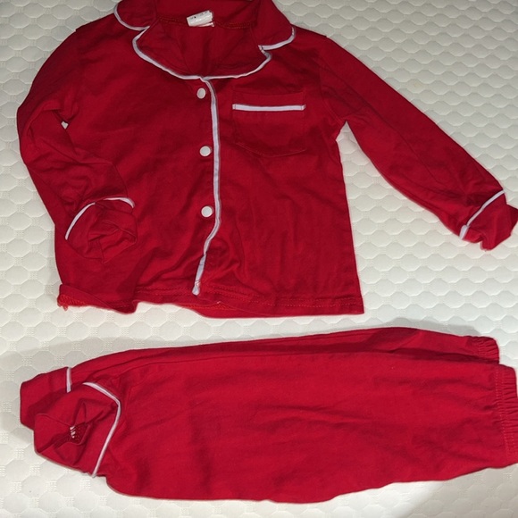 Christmas pajama set. Red with white trim. Button up top. Preppy Christmas 18mo. - Picture 2 of 5